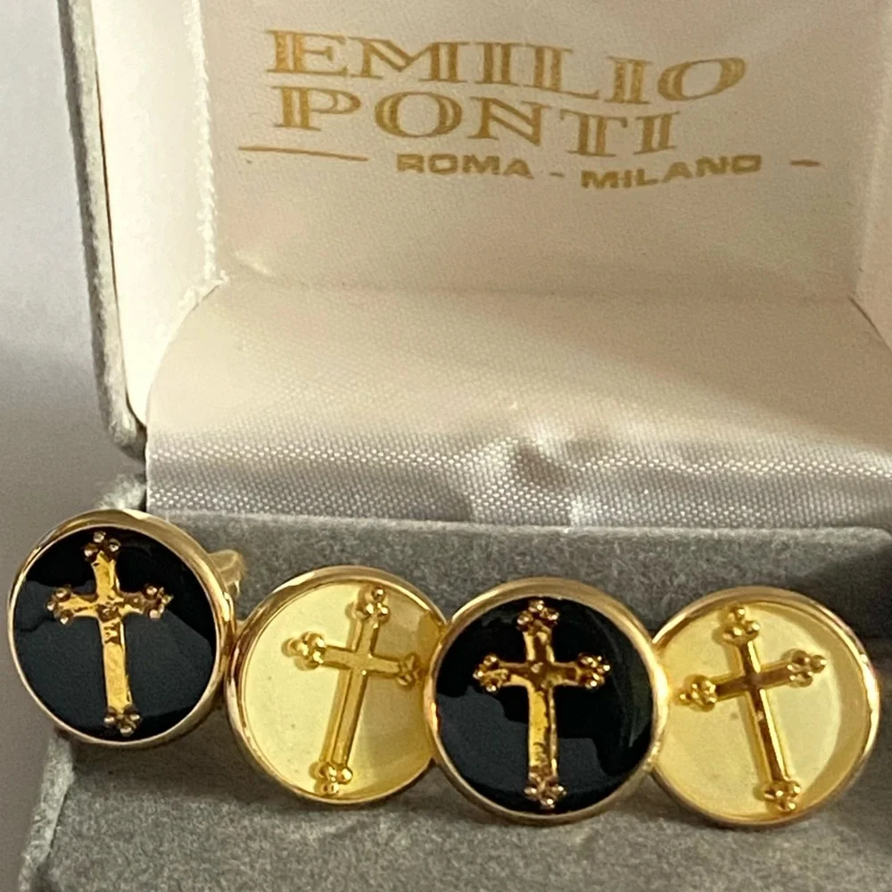 Emilio Ponti Roma Milano Gold and Black Budded Cross 2 Set of Cufflinks In Box